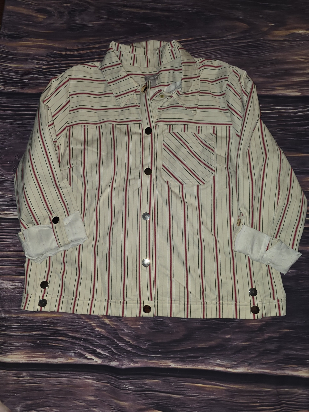 Chico's Cream Button-Front Striped Shirt Jacket with Red & Black Stripes